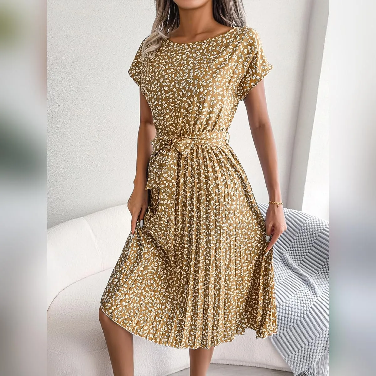 IDOPIP Women Floral Pleated Dress Summer Casual A-Line Flowy Midi Dress Formal Wedding Guest Dress 2024 Trendy Swing Dres