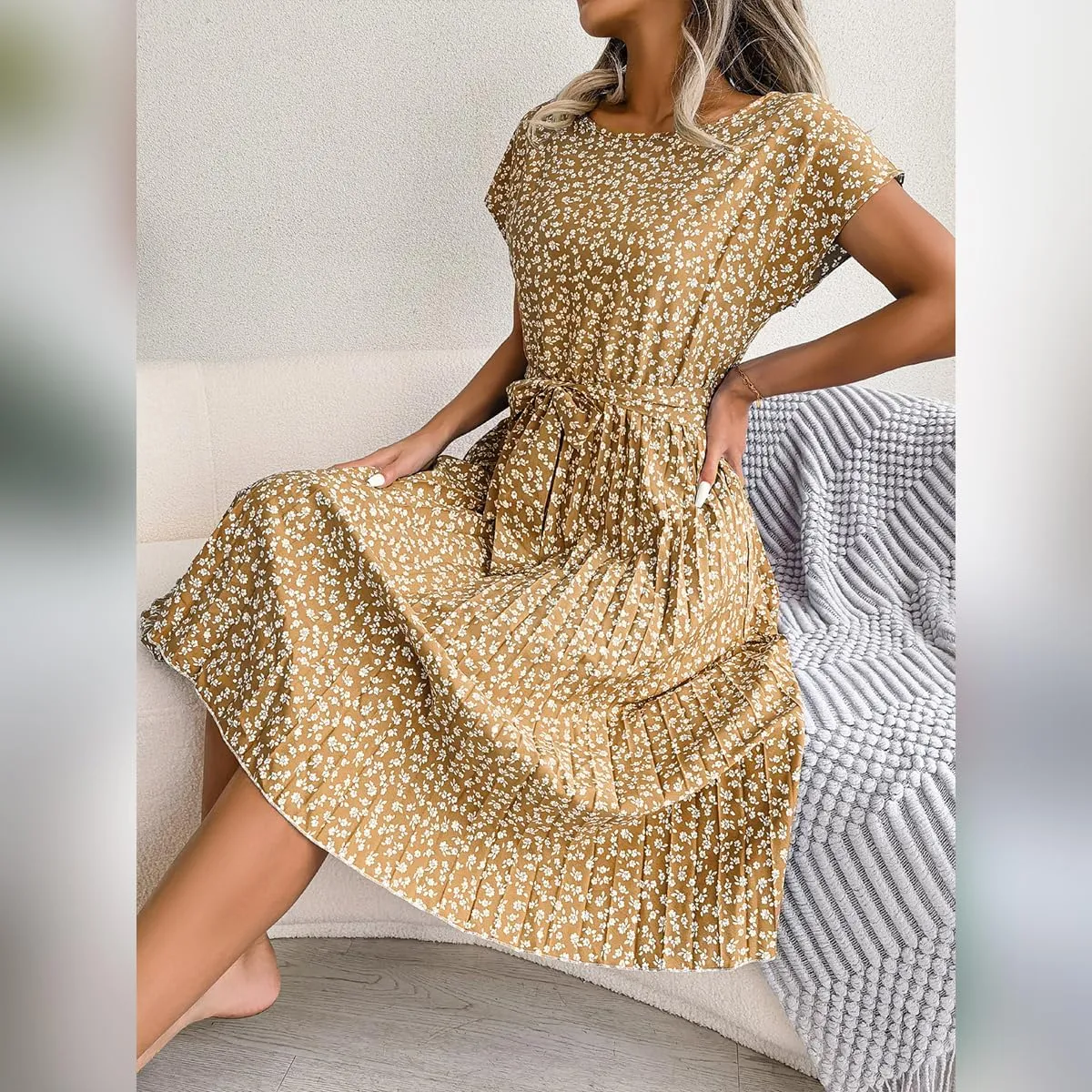 IDOPIP Women Floral Pleated Dress Summer Casual A-Line Flowy Midi Dress Formal Wedding Guest Dress 2024 Trendy Swing Dres