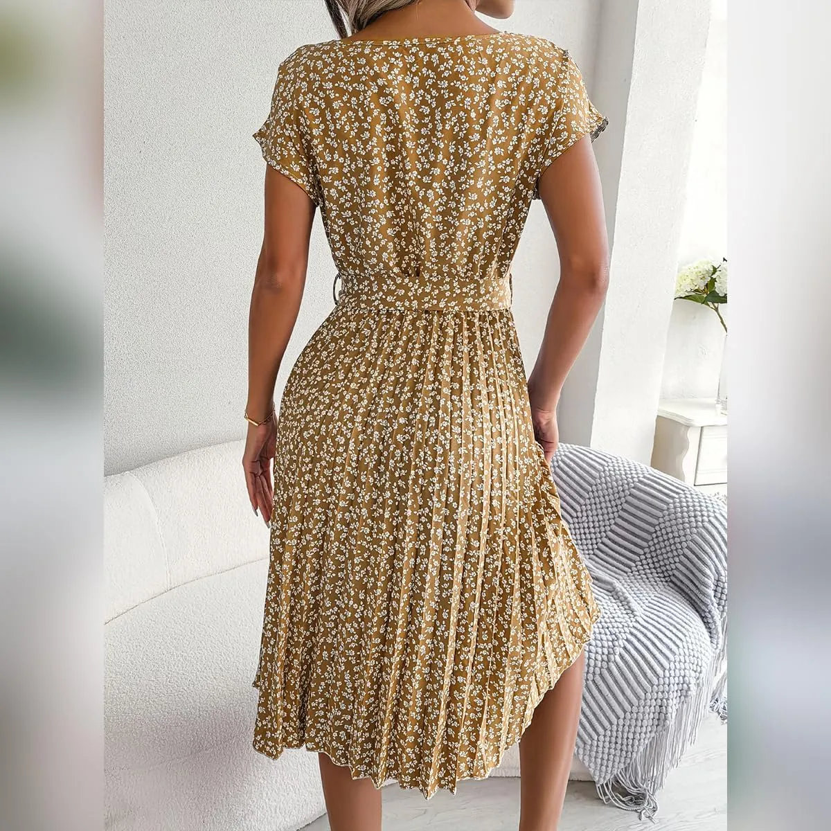 IDOPIP Women Floral Pleated Dress Summer Casual A-Line Flowy Midi Dress Formal Wedding Guest Dress 2024 Trendy Swing Dres