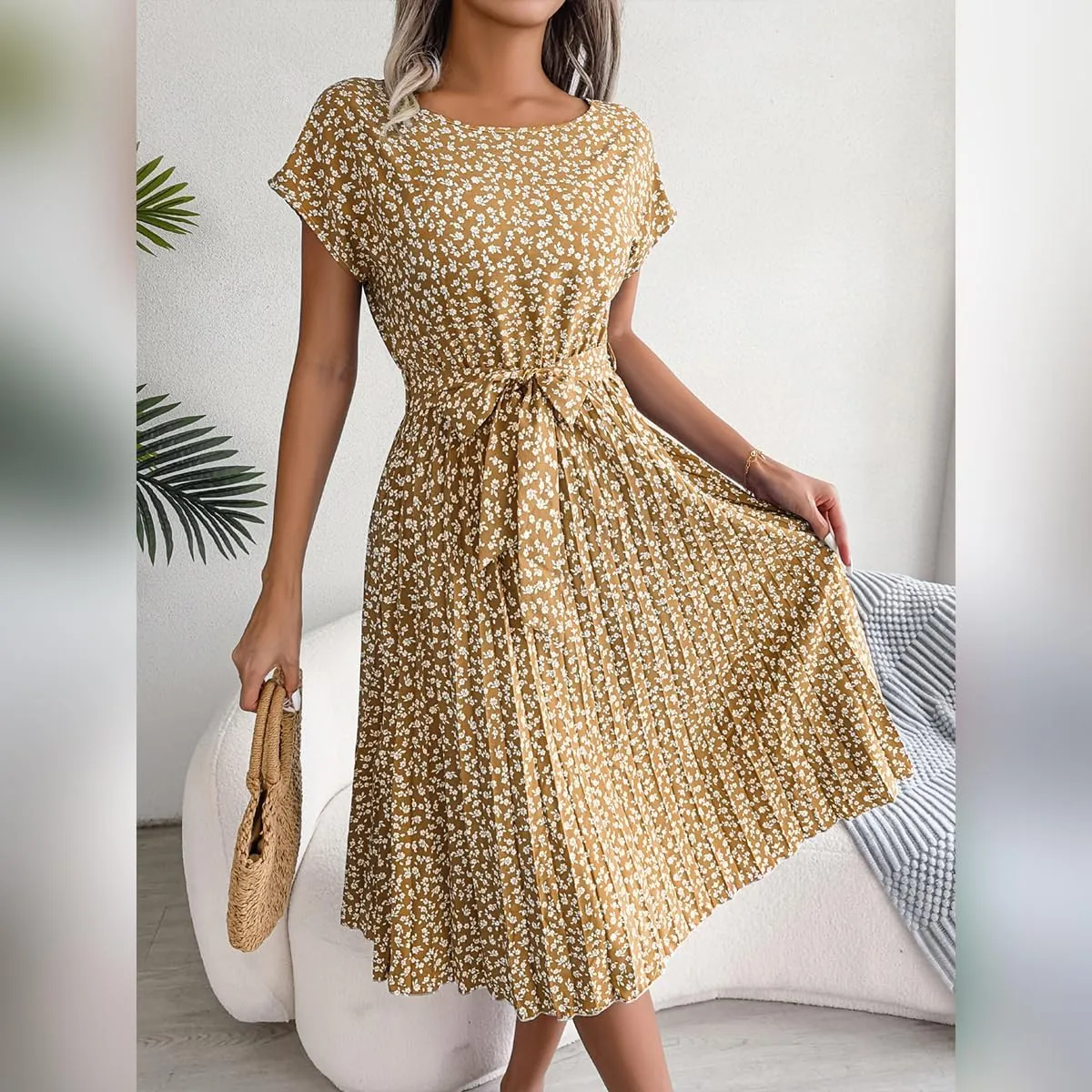 IDOPIP Women Floral Pleated Dress Summer Casual A-Line Flowy Midi Dress Formal Wedding Guest Dress 2024 Trendy Swing Dres
