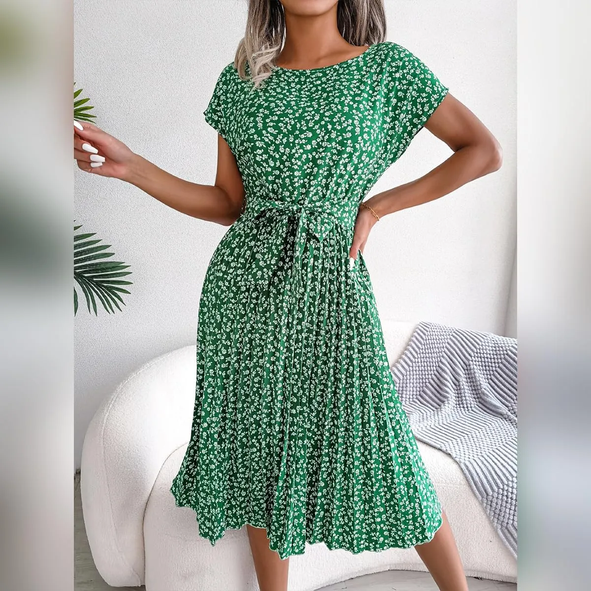 IDOPIP Women Floral Pleated Dress Summer Casual A-Line Flowy Midi Dress Formal Wedding Guest Dress 2024 Trendy Swing Dres