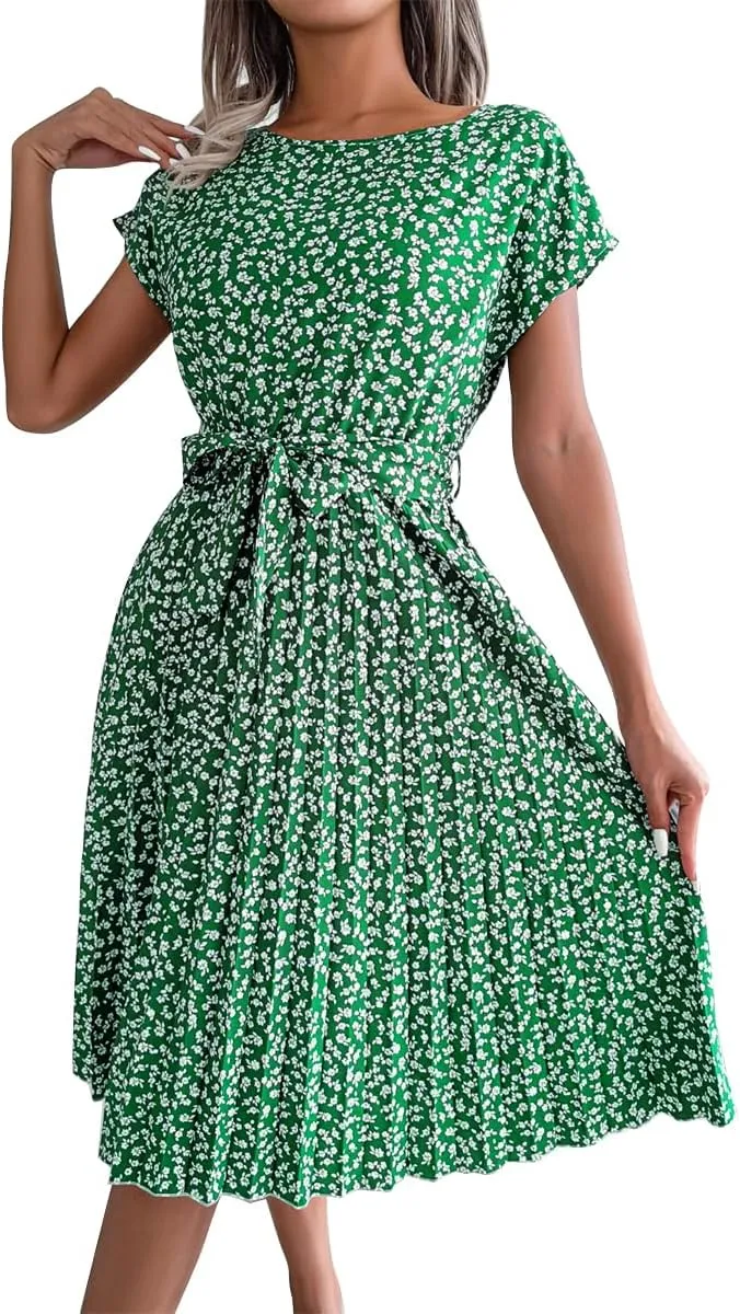 IDOPIP Women Floral Pleated Dress Summer Casual A-Line Flowy Midi Dress Formal Wedding Guest Dress 2024 Trendy Swing Dres