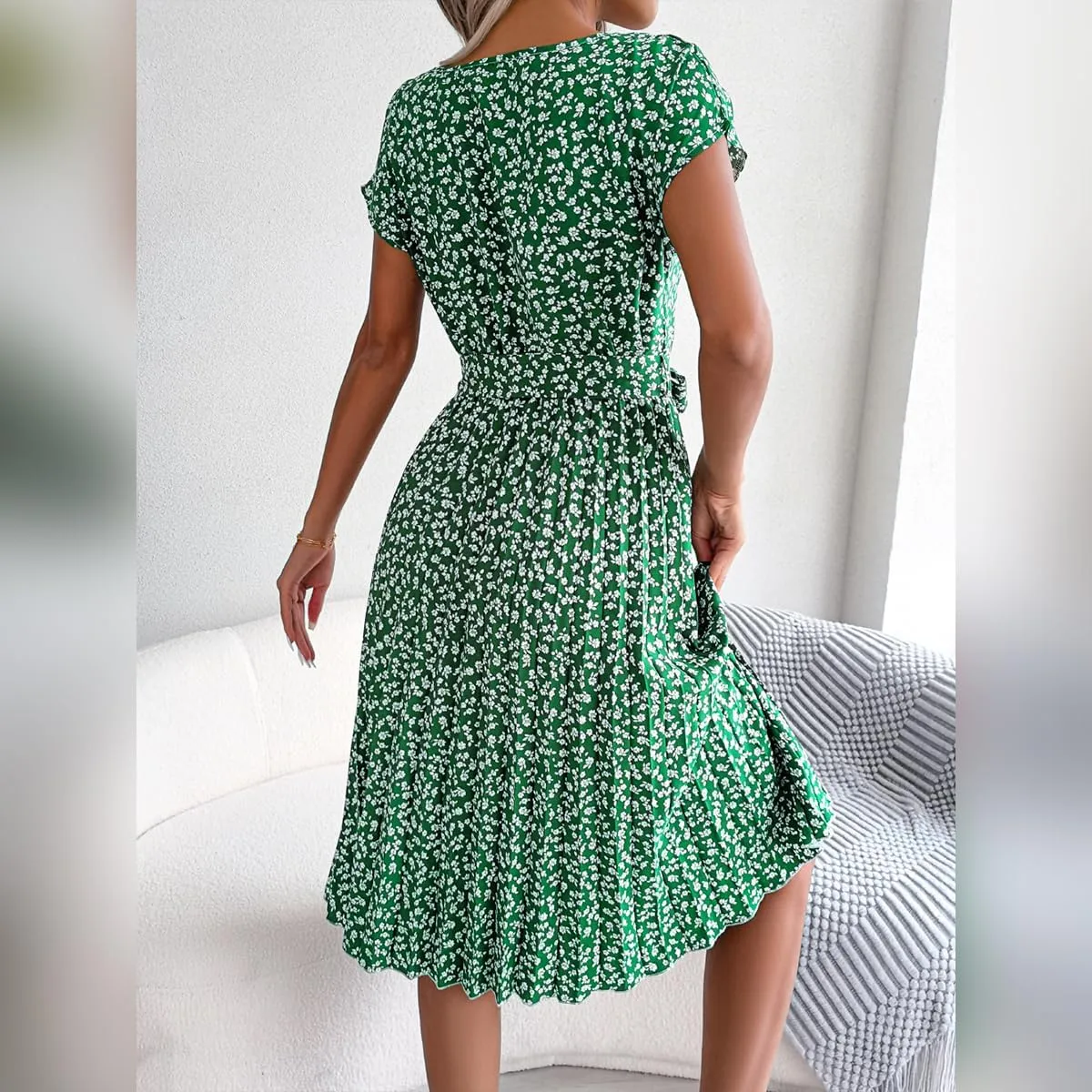 IDOPIP Women Floral Pleated Dress Summer Casual A-Line Flowy Midi Dress Formal Wedding Guest Dress 2024 Trendy Swing Dres
