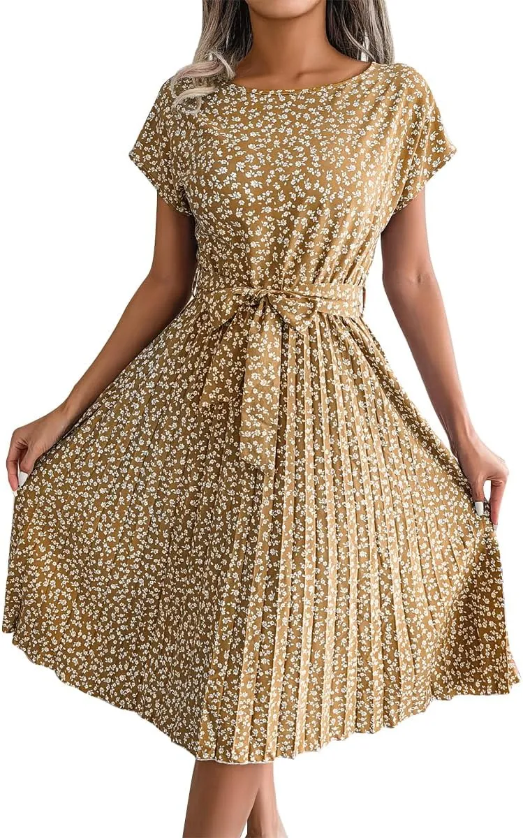IDOPIP Women Floral Pleated Dress Summer Casual A-Line Flowy Midi Dress Formal Wedding Guest Dress 2024 Trendy Swing Dres