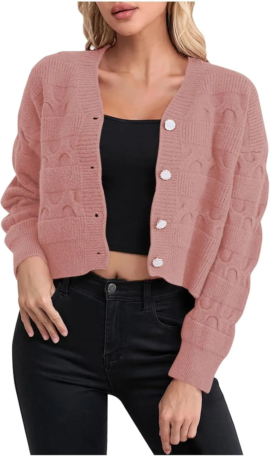 Lastesso Cardigan for Women Cropped Long Sleeve Lightweight Fall Cardigans Soft Crochet Lounge Knitwear Cozy Button Sweater