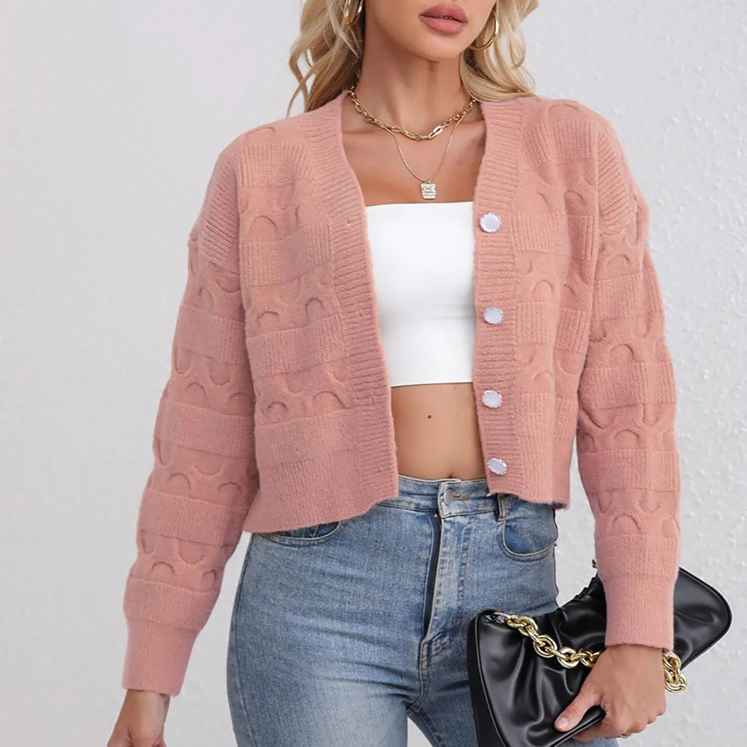 Lastesso Cardigan for Women Cropped Long Sleeve Lightweight Fall Cardigans Soft Crochet Lounge Knitwear Cozy Button Sweater