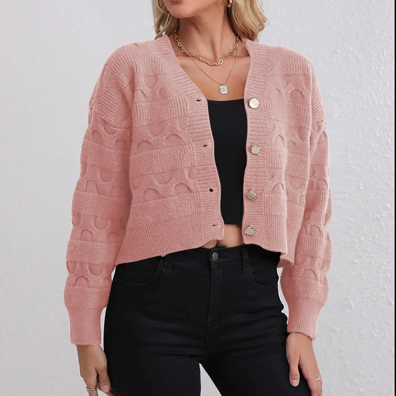 Lastesso Cardigan for Women Cropped Long Sleeve Lightweight Fall Cardigans Soft Crochet Lounge Knitwear Cozy Button Sweater