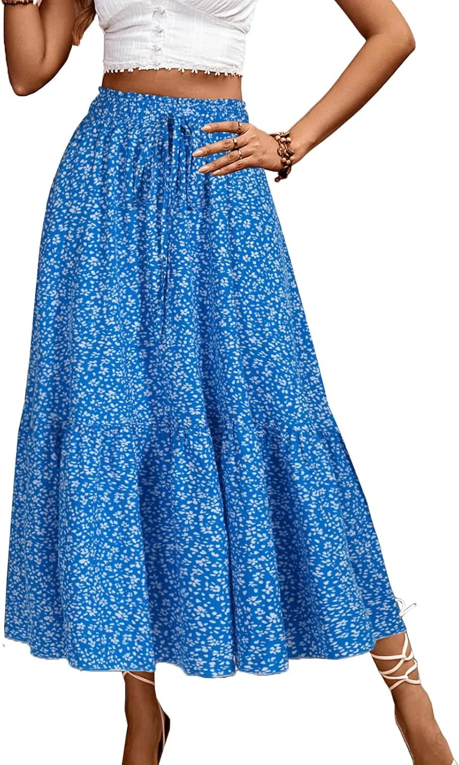 Long Skirts for Women High Elastic Waist Skirt Casual Summer Fake Drawstring Floral Pleated A Line Boho Cute Skirts 8627