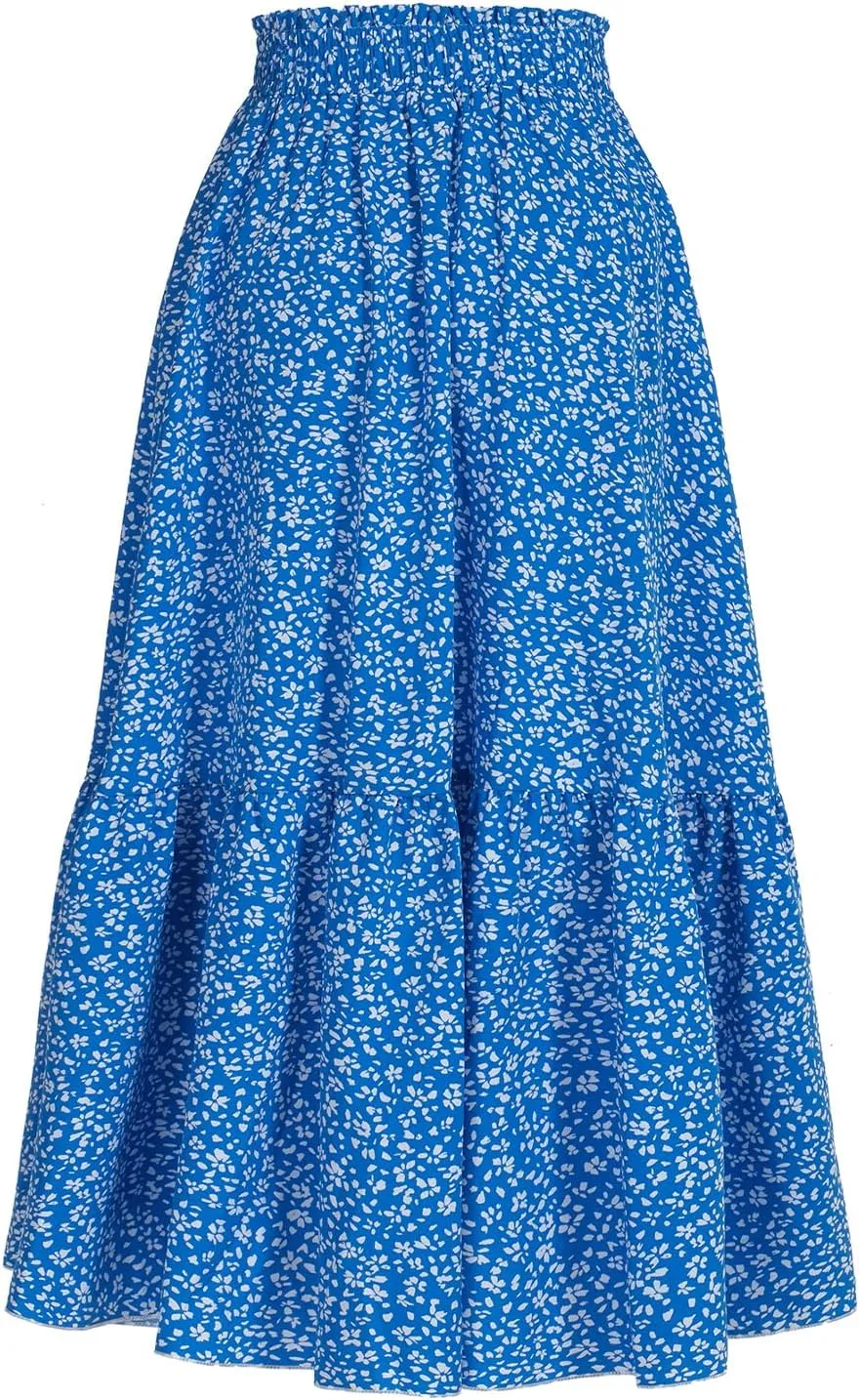 Long Skirts for Women High Elastic Waist Skirt Casual Summer Fake Drawstring Floral Pleated A Line Boho Cute Skirts 8627