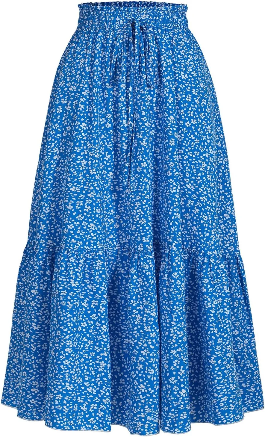 Long Skirts for Women High Elastic Waist Skirt Casual Summer Fake Drawstring Floral Pleated A Line Boho Cute Skirts 8627