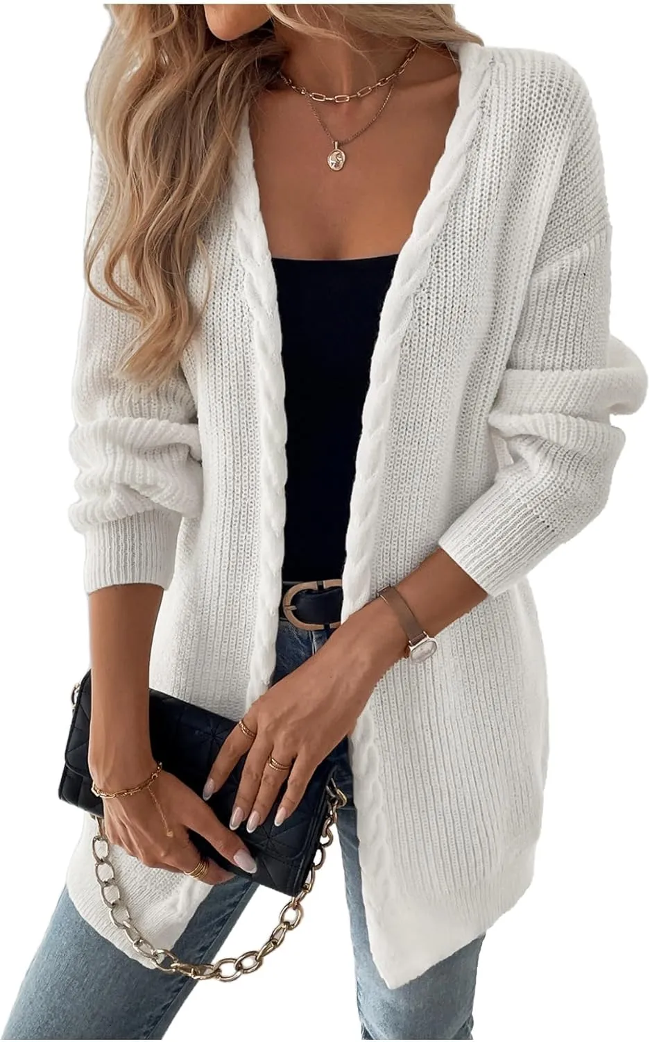 MakeMeChic Women's Cable Knit Open Front Long Sleeve Cardigan Knitwear Sweater Outerwear