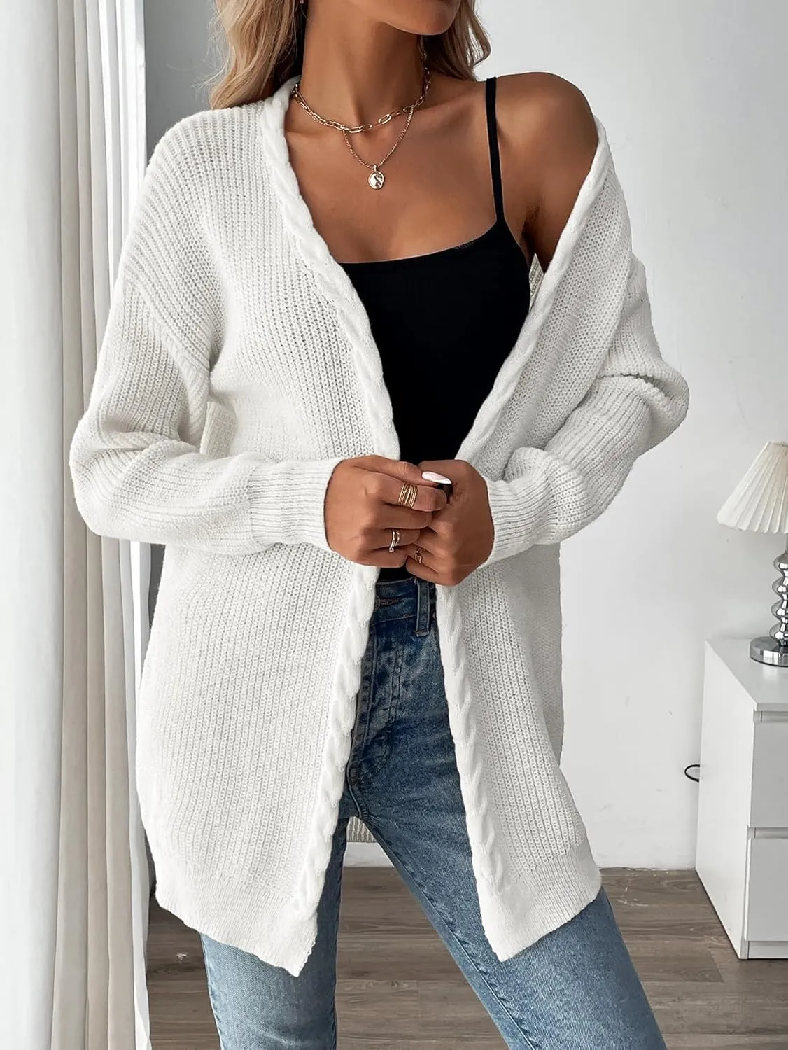 MakeMeChic Women's Cable Knit Open Front Long Sleeve Cardigan Knitwear Sweater Outerwear