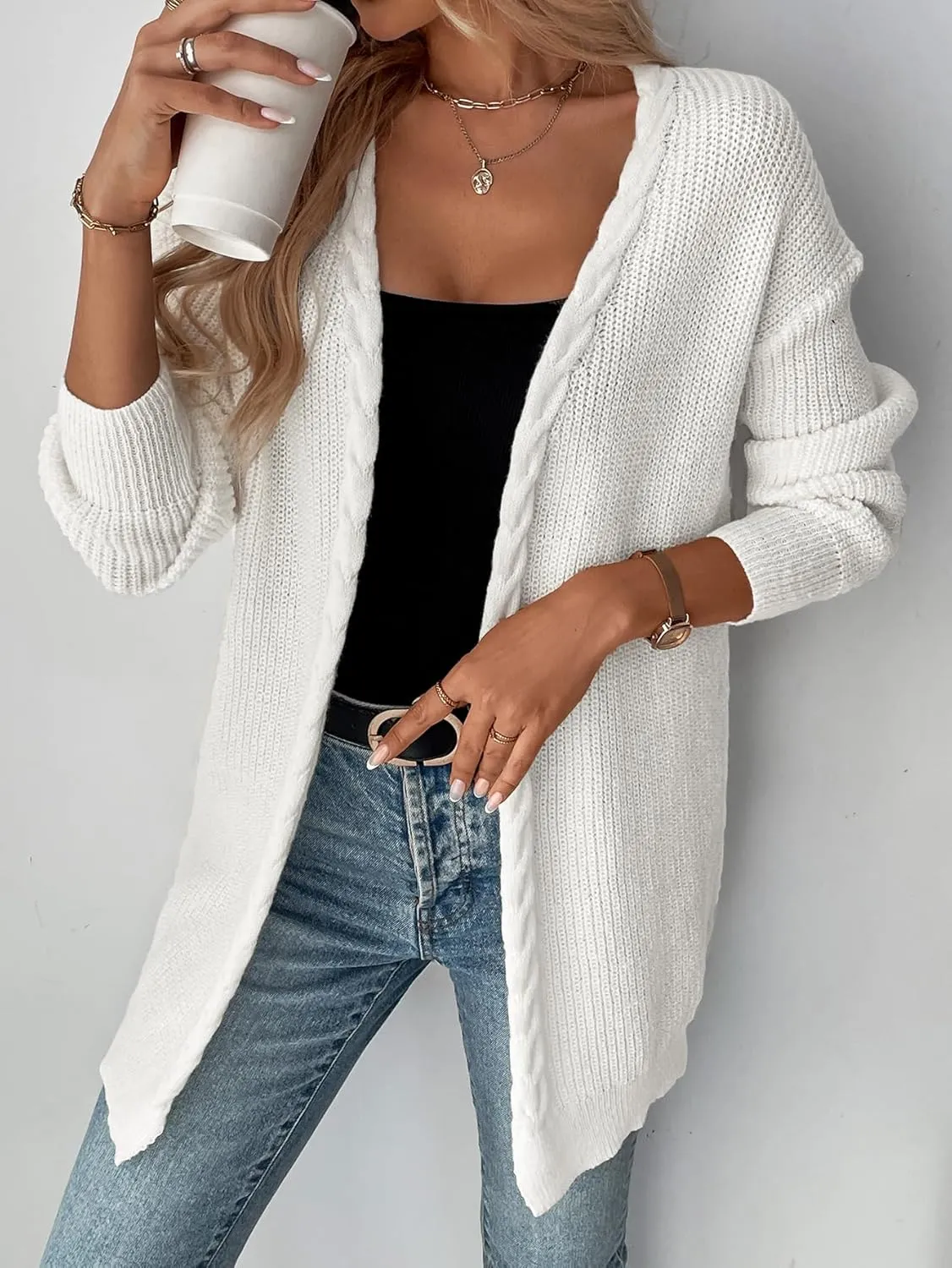 MakeMeChic Women's Cable Knit Open Front Long Sleeve Cardigan Knitwear Sweater Outerwear