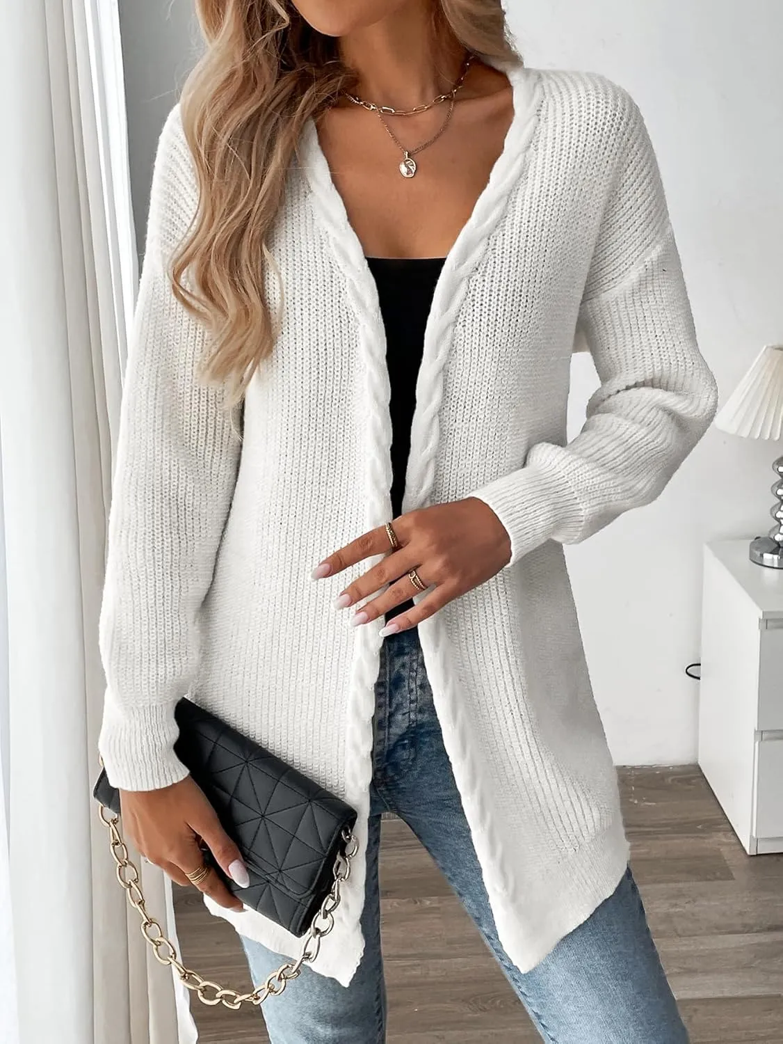 MakeMeChic Women's Cable Knit Open Front Long Sleeve Cardigan Knitwear Sweater Outerwear