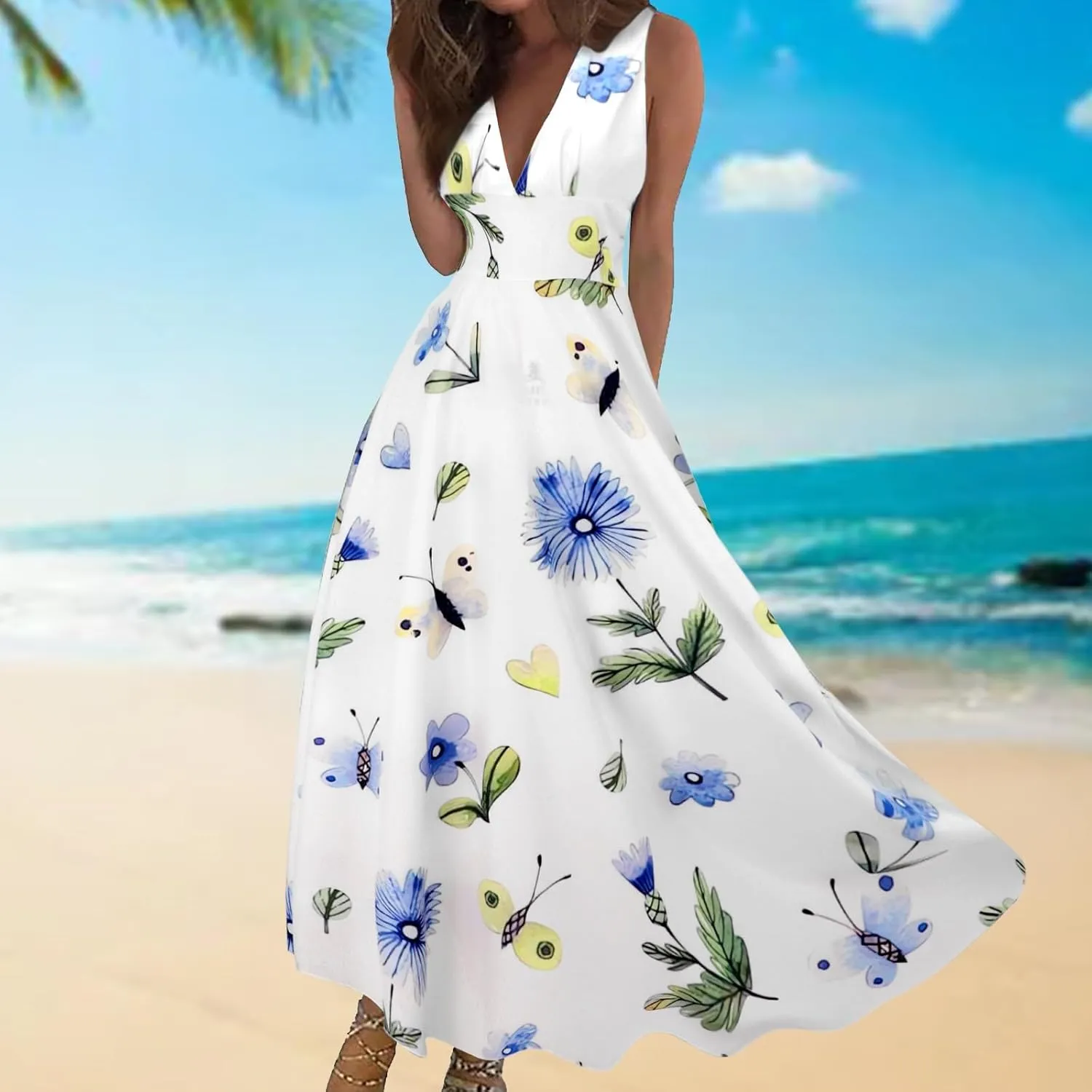 Maxi Dress for Women 2025 Summer Elegant Wrap V Neck Sleeveless Dresses Plus Size Casual Floral Boho Flowy Beach Sundresses
