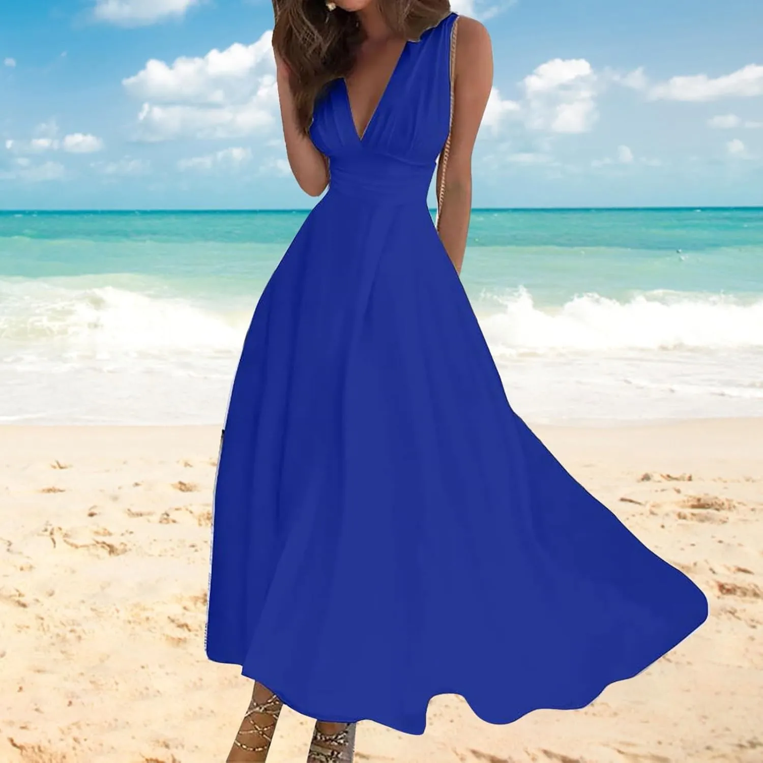 Maxi Dress for Women 2025 Summer Elegant Wrap V Neck Sleeveless Dresses Plus Size Casual Floral Boho Flowy Beach Sundresses