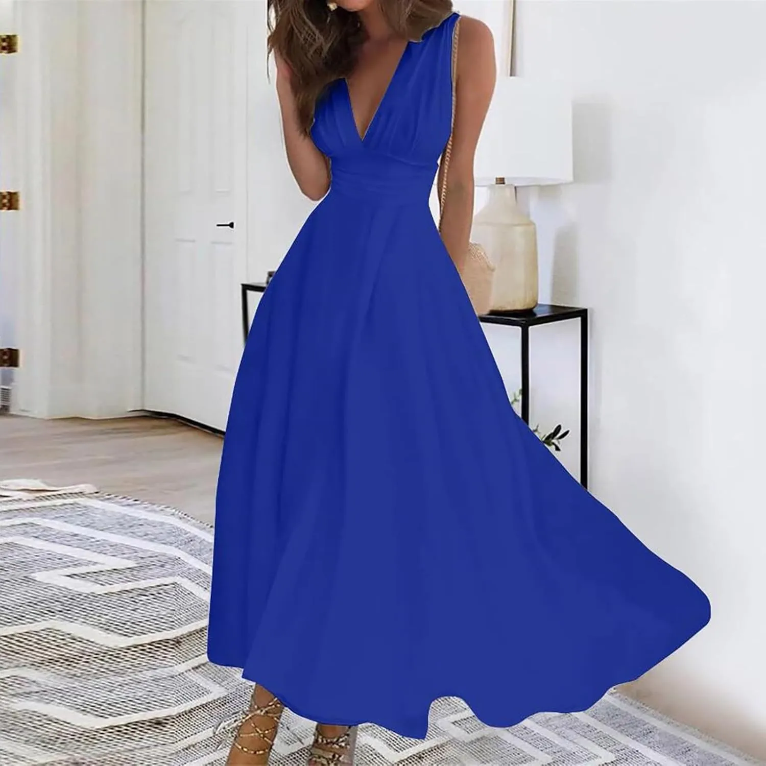 Maxi Dress for Women 2025 Summer Elegant Wrap V Neck Sleeveless Dresses Plus Size Casual Floral Boho Flowy Beach Sundresses
