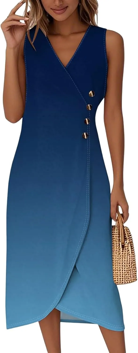 Midi Dresses for Women Formal V Neck Wrap Sleeveless Wedding Guest Dresses Summer Elegant Party Asymmetric Dress