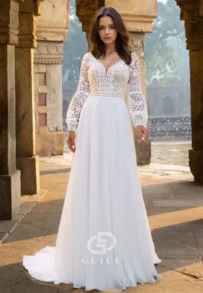 Modern A-Line Long Sleeves V-Neck Empire-Waist Corset Lace Boho Weeding Dress