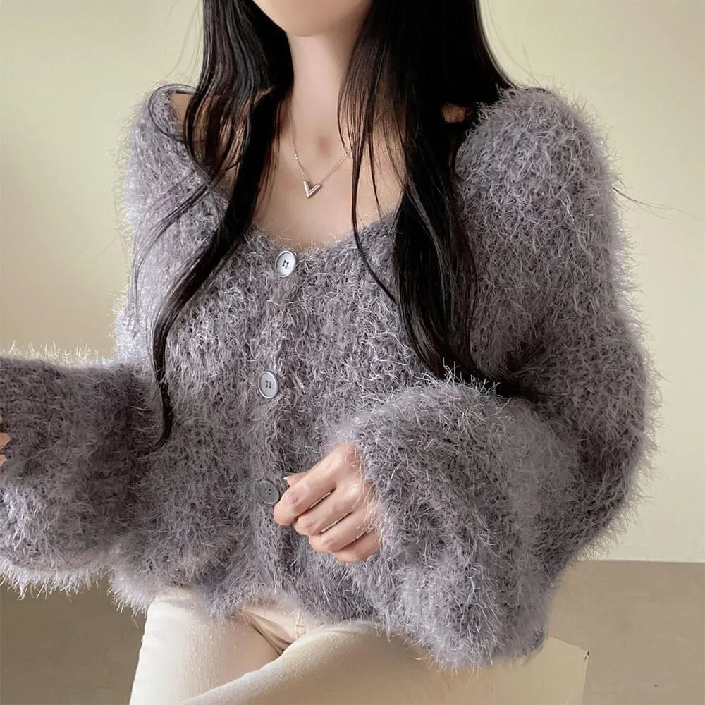 MOLERFO Fuzzy Mohair Cropped Cardigan Women Coquette Soft Warm Cardigan Trendy Fall Open Front Cardigan Sweaters