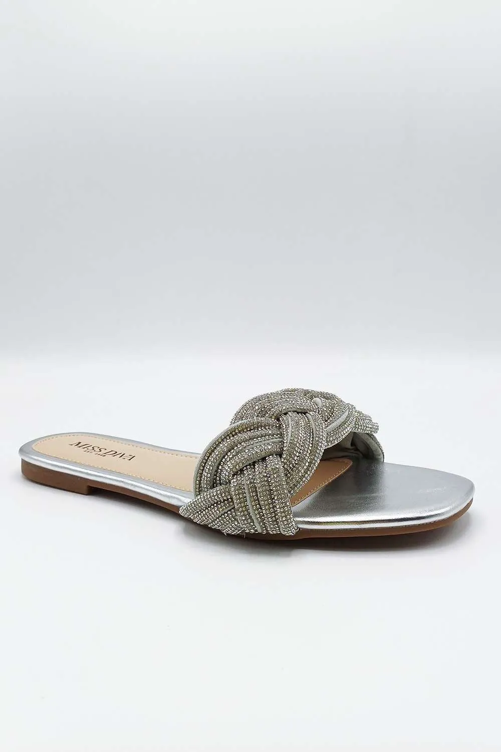 Muna Diamante Knot Band Flat Sliders in Silver