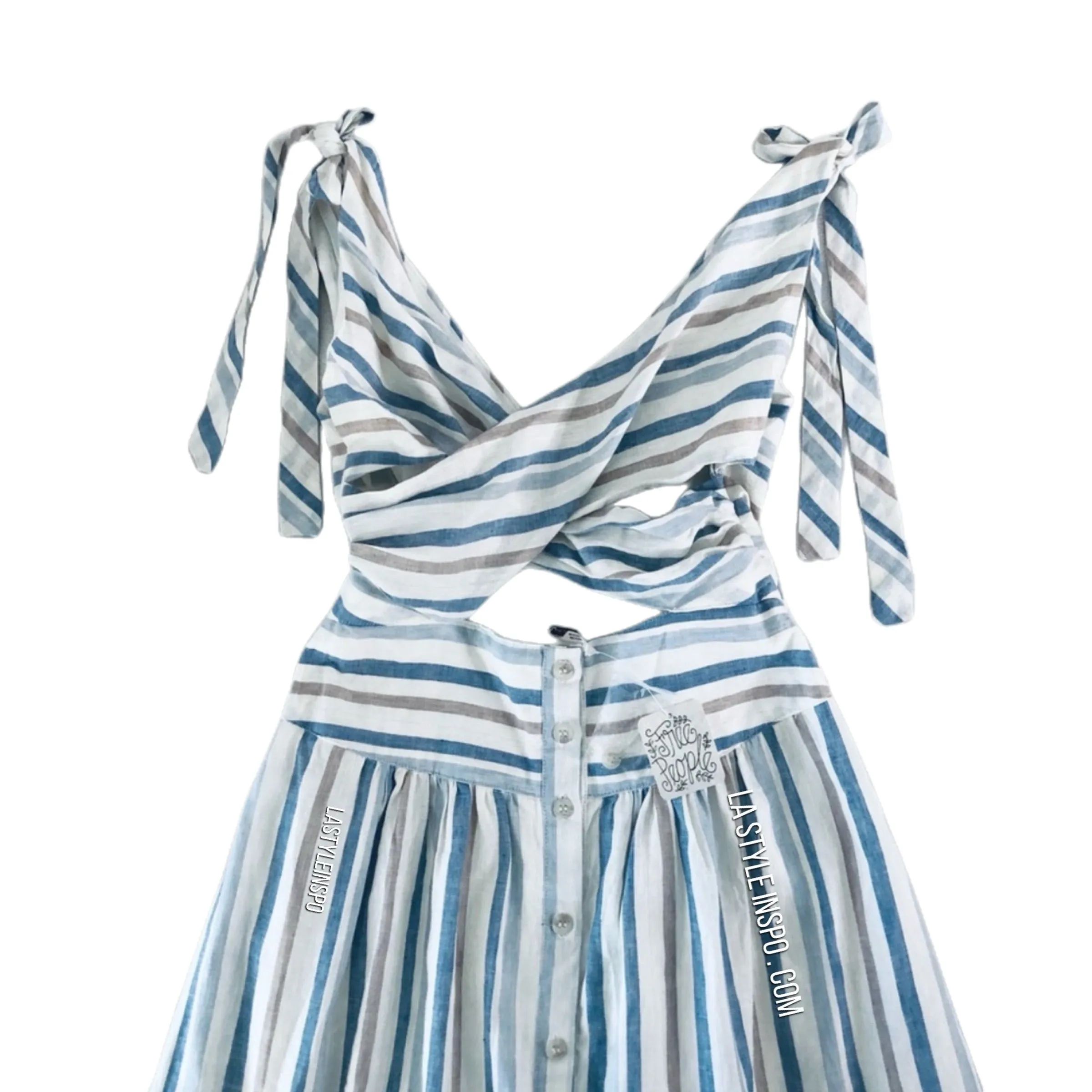 NEW Free People Maxi Dress Striped Cut Out Crop Ivory Light Blue Size 0