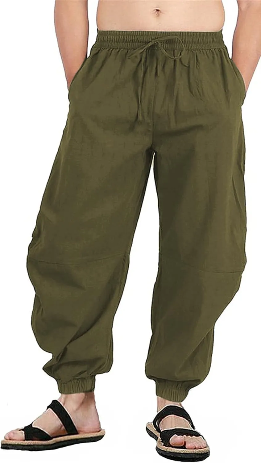 perdontoo Mens Casual Cotton Linen Pant Elastic Waist Drawstring Yoga Jogger Pants