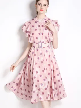 Pink Solid Color Polka Dot Petal Short Sleeves Vintage Dress with Belt