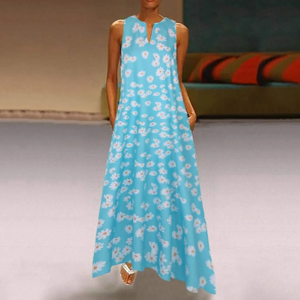Plus Size Summer Dresses for Women Casual Loose Boho Sundress with Pockets V Neck Floral Print Sun Dress Maxi Dress