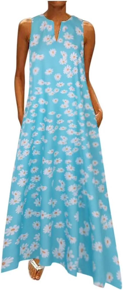 Plus Size Summer Dresses for Women Casual Loose Boho Sundress with Pockets V Neck Floral Print Sun Dress Maxi Dress