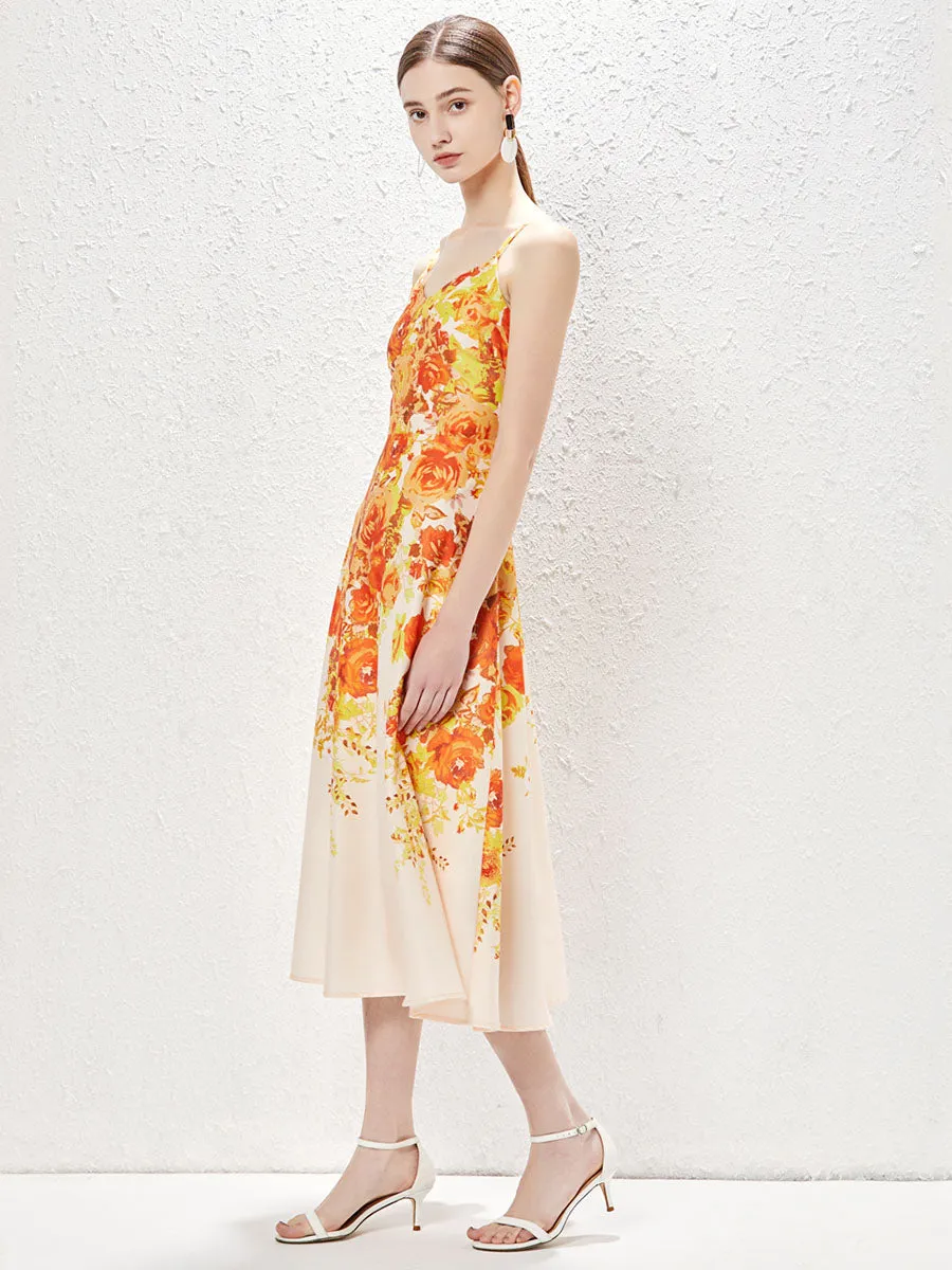 Pocketed Strap Sleeveless Floral Printed Swing Boho Dress