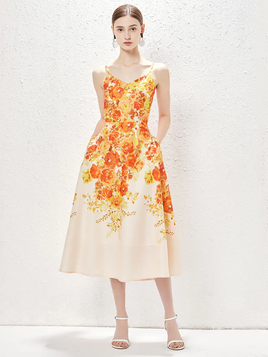 Pocketed Strap Sleeveless Floral Printed Swing Boho Dress