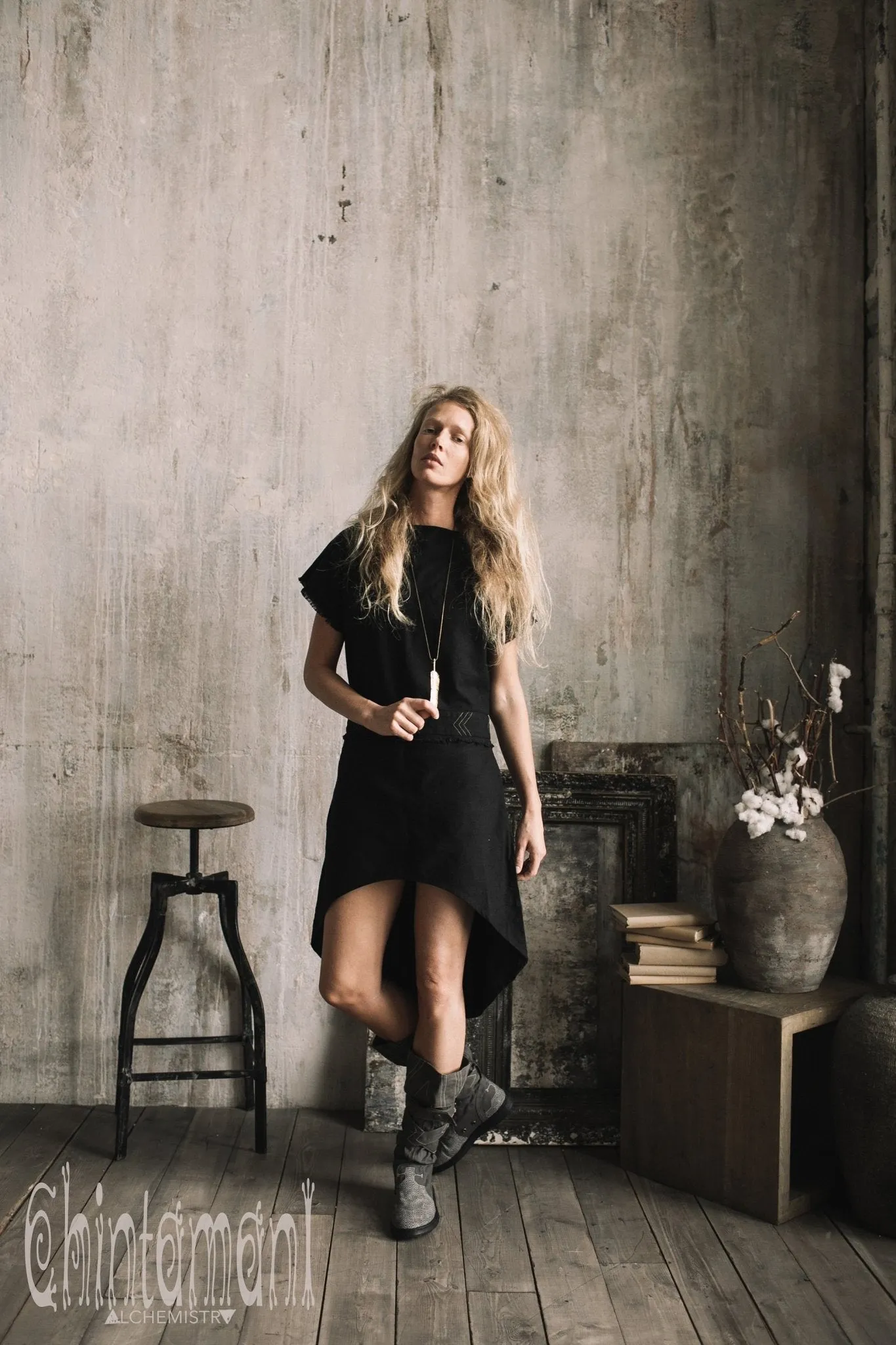 Raw Cotton Asymmetric Mini Dress / Atua Tino / Black