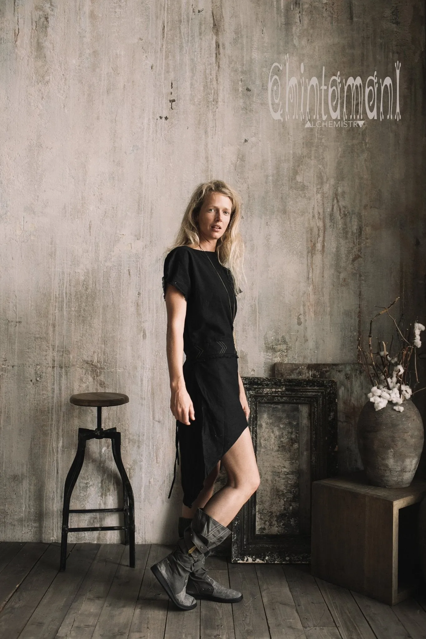 Raw Cotton Asymmetric Mini Dress / Atua Tino / Black