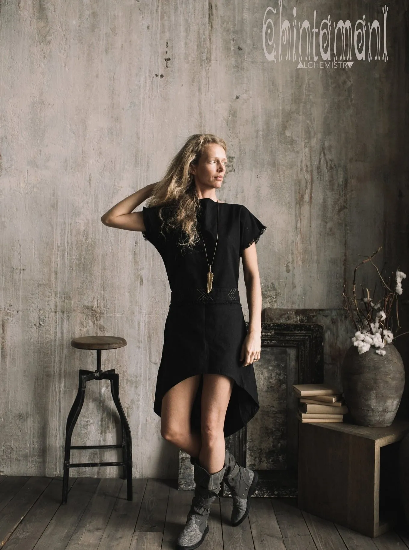 Raw Cotton Asymmetric Mini Dress / Atua Tino / Black