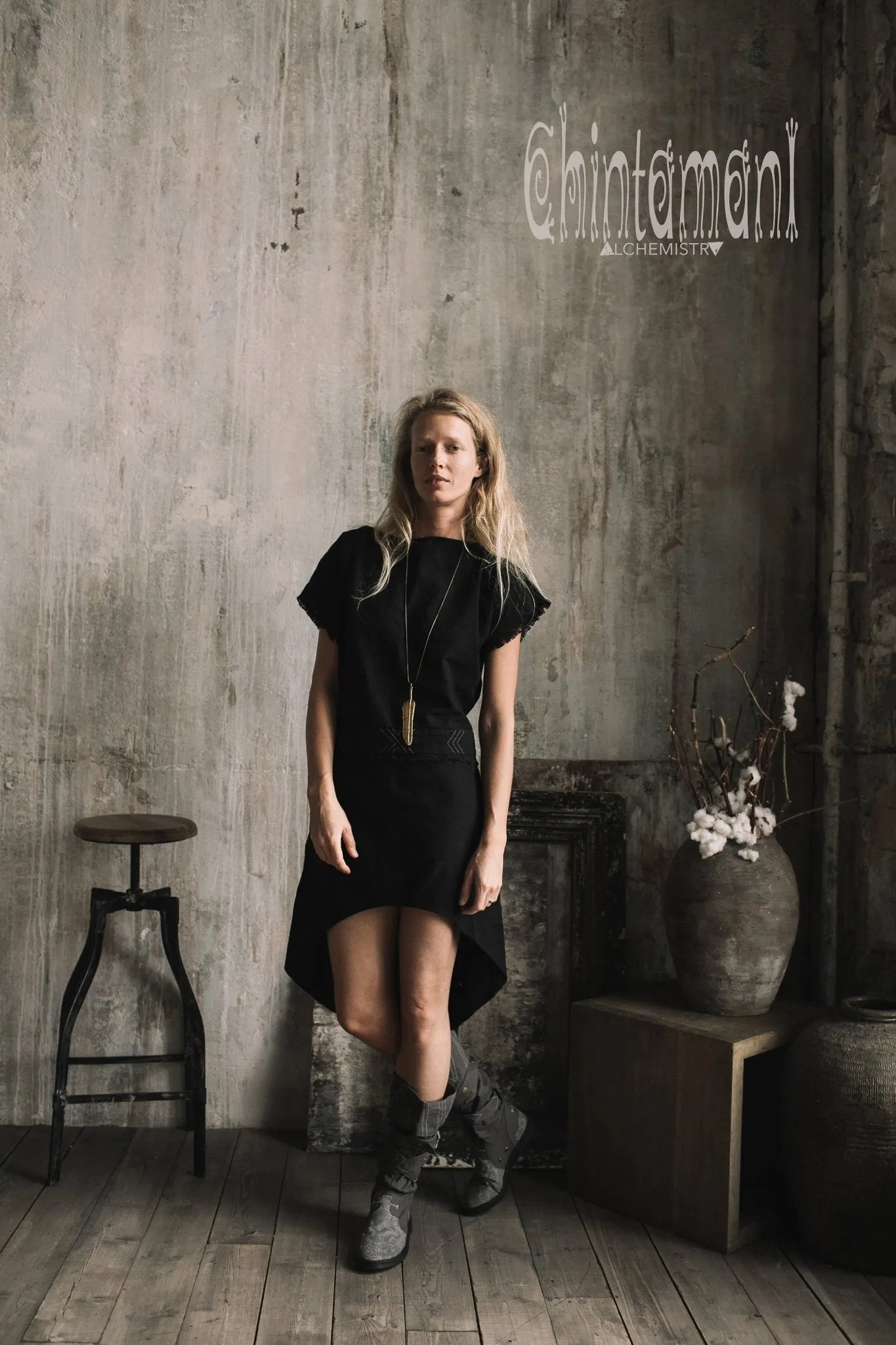 Raw Cotton Asymmetric Mini Dress / Atua Tino / Black