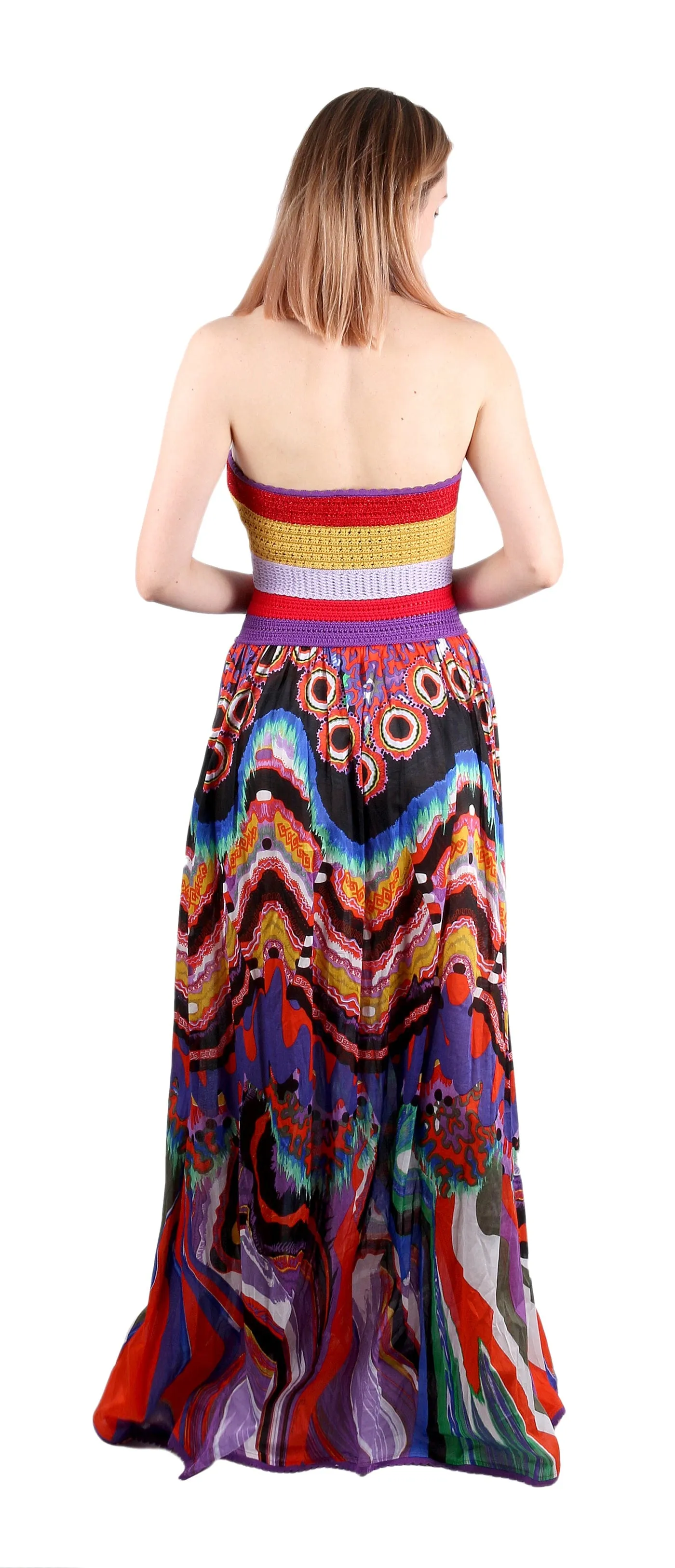 Roberto Cavalli Bohemian Multicolor Halter Maxi Dress Lace Up Front 44IT-10US