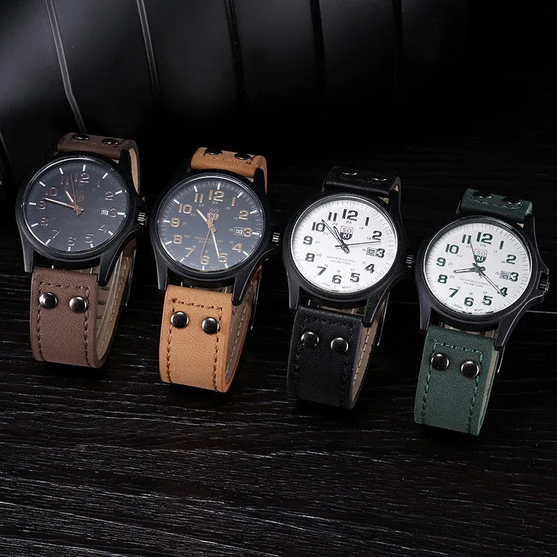 Sanwony New Arrival Vintage Classic Men's Date Leather Strap Sport Quartz Watch