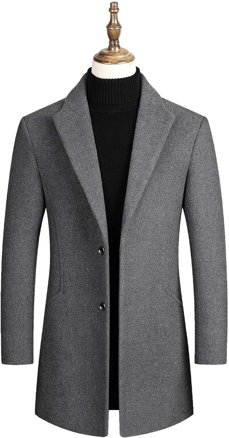 SOMTHRON Men's Winter Trench Coat Lapel Single Breasted Slim Fit Wool Blend Overcoat Jacket Mid-Long Pea Coat