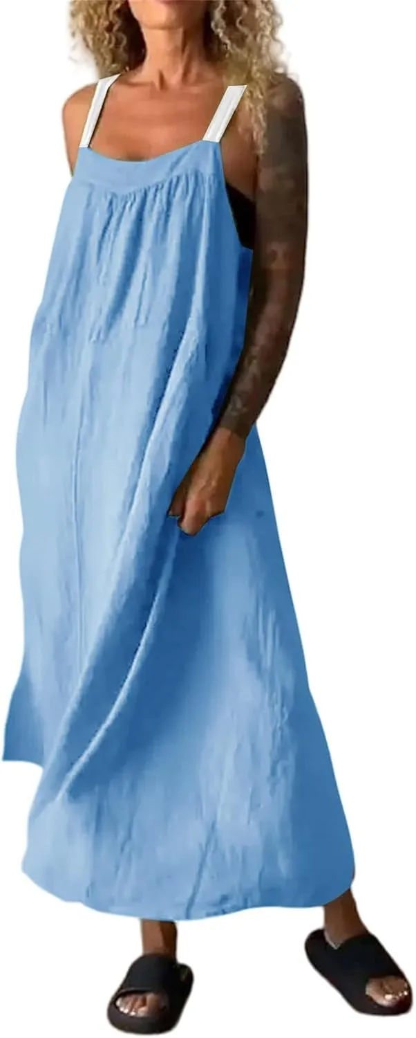 Spaghetti Strap Linen Dresses for Women Summer Casual Sleeveless Loose Dress Flowy Beach Lightweight Maxi Long Dress