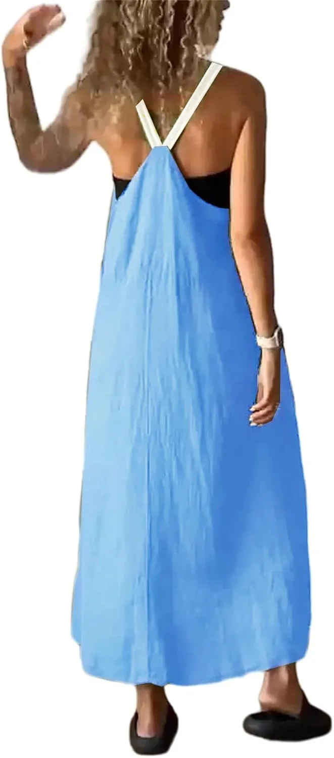 Spaghetti Strap Linen Dresses for Women Summer Casual Sleeveless Loose Dress Flowy Beach Lightweight Maxi Long Dress