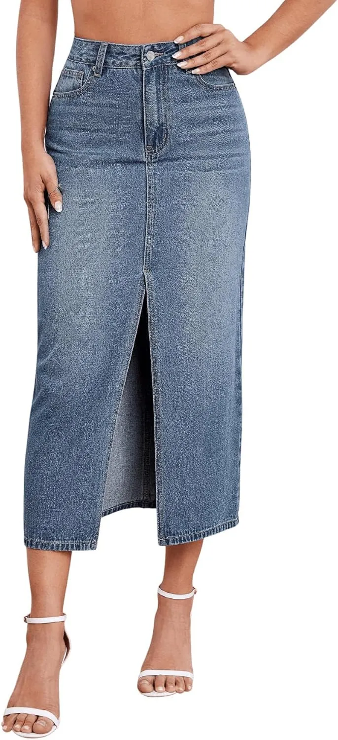 Stylish Women's Stretch Denim Skirt Mid-Length Comfortable & Curve-Hugging with Center Slit