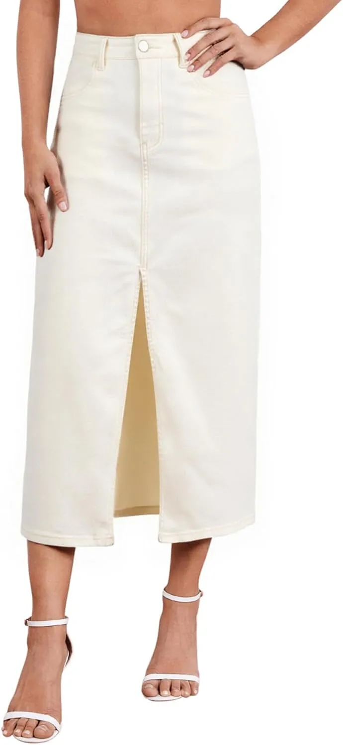 Stylish Women's Stretch Denim Skirt Mid-Length Comfortable & Curve-Hugging with Center Slit