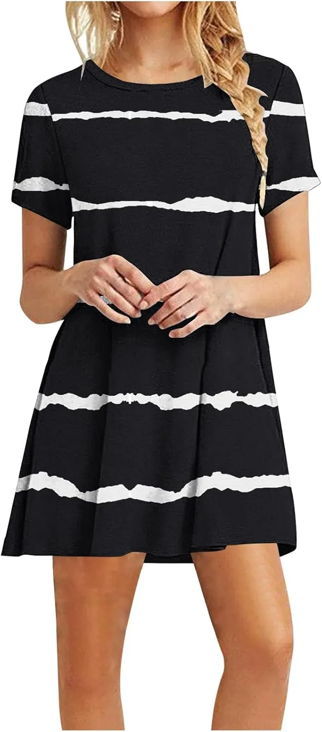 TANGNADE Womens Summer Dresses Crewneck Short Sleeve Sundresses Boho Beach Dress Casual Loose A Line Tshirt Sun Dress
