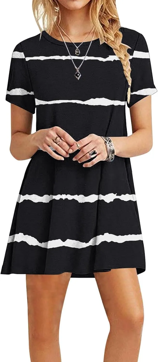 TANGNADE Womens Summer Dresses Crewneck Short Sleeve Sundresses Boho Beach Dress Casual Loose A Line Tshirt Sun Dress