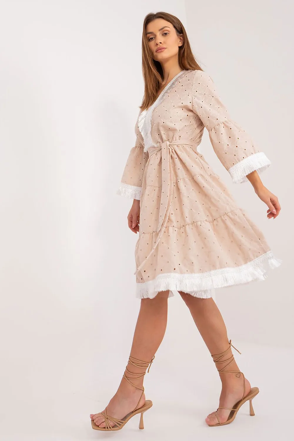 TEEK - Beige Contrast Trim Cinched Waist Dress