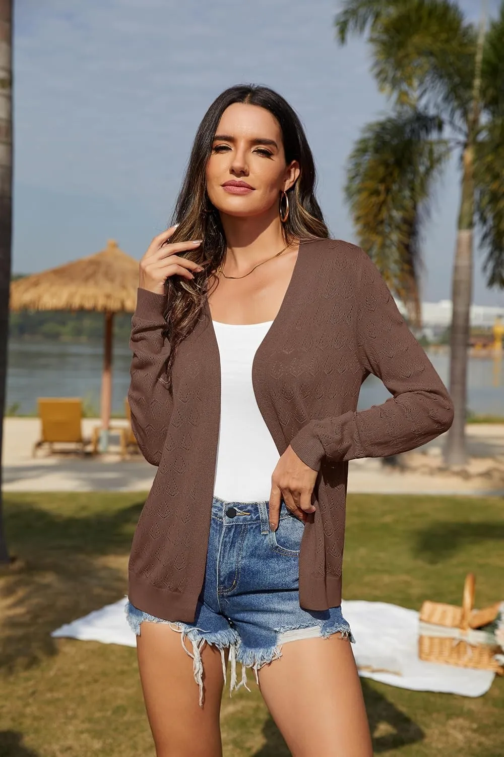 VIISHOW Women's Lightweight Crochet Knit Cardigan Open Front Long Sleeve Hollow Out Soft Shrug Sweater