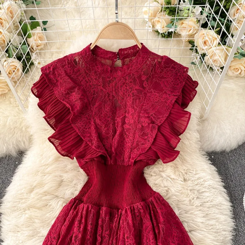 Vintage Dress, Boho Midi Dress, Lace Dress, Aliyah in Green, Red and BLack