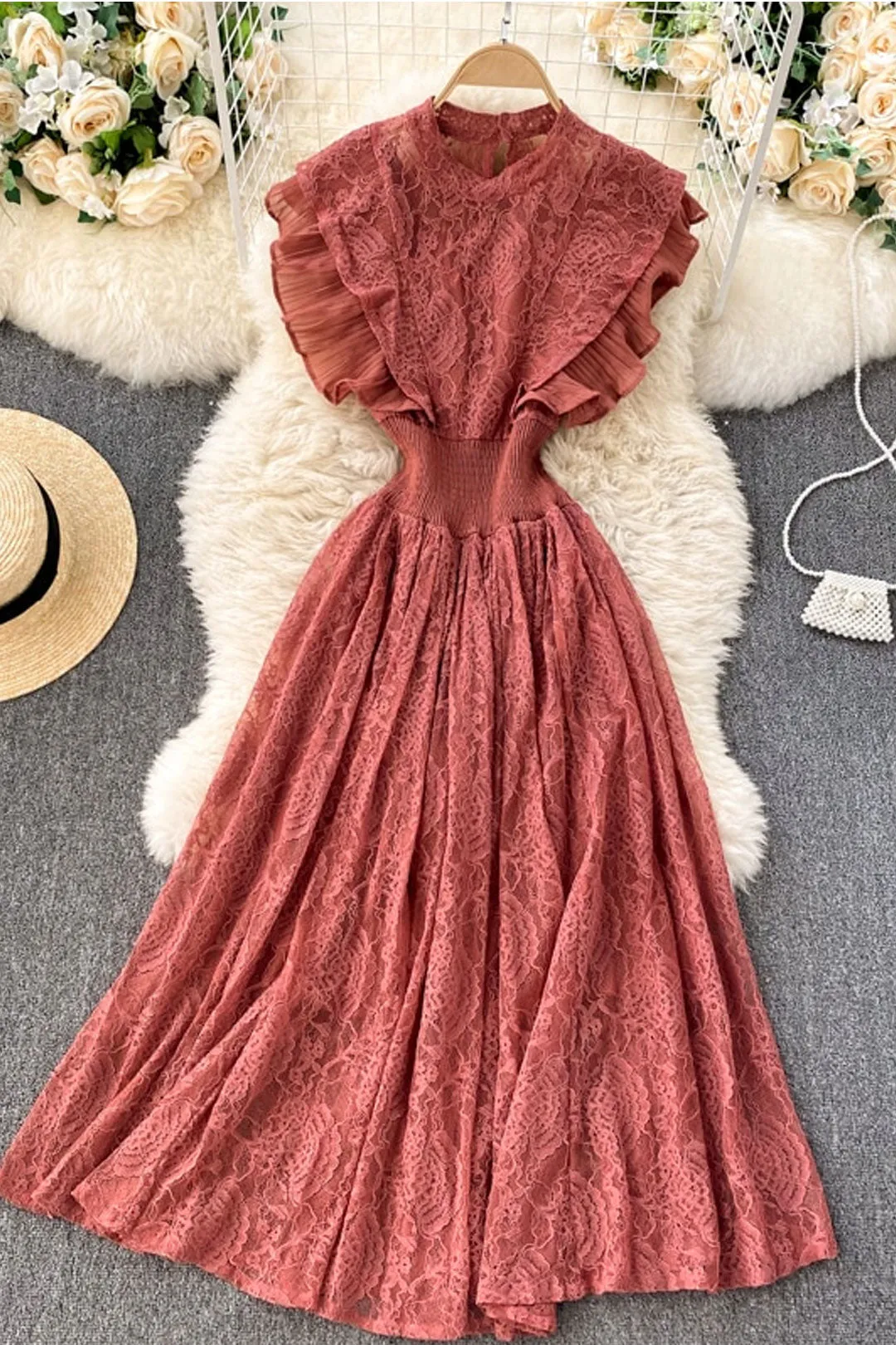 Vintage Dress, Boho Midi Dress, Lace Dress, Aliyah in Green, Red and BLack