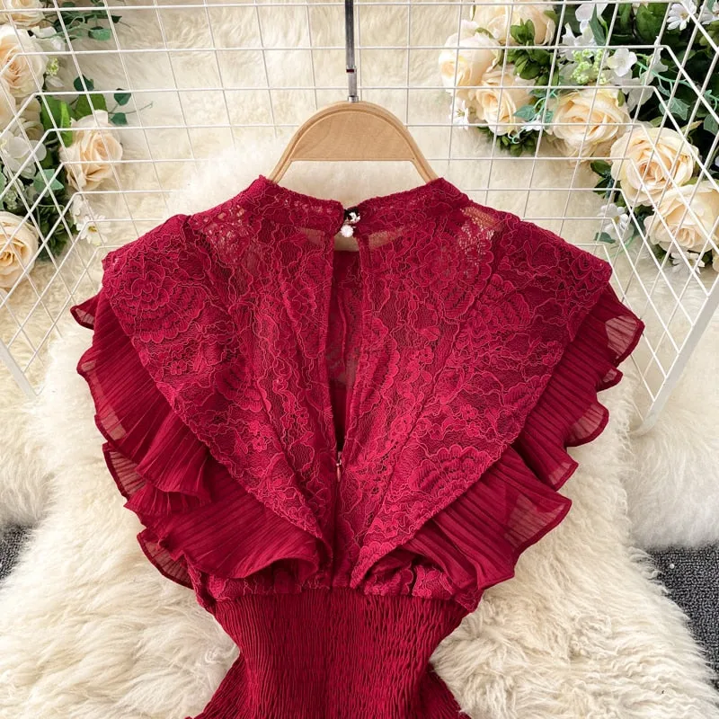 Vintage Dress, Boho Midi Dress, Lace Dress, Aliyah in Green, Red and BLack